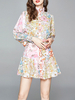 Robes patineuses imprimées col haut à lacets rose imprimé floral décontracté manches longues en polyester robe ajustée et évasée