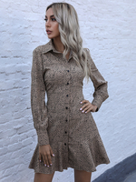 Robes patineuses kaki col rabattu manches longues imprimé motif robe évasée en coton classique