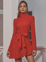 Robes Patineuses Polyester Col Montant Rouge Décontractée Manches Longues Robe Évasée