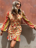 Robes patineuses pour femmes col en V manches longues volants imprimé robe sexy ajustée et évasée