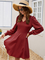 Robes patineuses pour femmes en polyester col en V bordeaux décontracté manches longues robe évasée