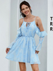 Robes patineuses pour femmes volants en polyester bleu ciel clair manches longues robe ajustée robe évasée robe midi sexy
