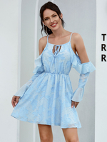 Robes patineuses pour femmes volants en polyester bleu ciel clair manches longues robe ajustée robe évasée robe midi sexy