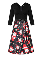 Robes Patineuses Vintages 1950s Femmes Longues à col V avec Manches Longues Coupe Cintrée à Lacets Bas Evasée Multicolores Robes Rétros