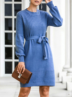 Robes-pull pour femmes Robe tricotée à manches longues à col bijou bleu