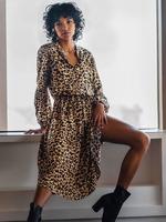 Robes Robes chemise Robe mi-longue Café Marron Col montant Manches longues Polyester Imprimé léopard