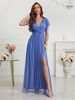 Robes Soirée Robe Semi-Formelle Bleue Plissée À Col En V Manches Courtes Dos Nu