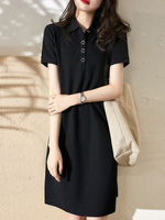 Robes t-shirt pour femmes Robe dété à manches courtes en polyester noir à col rabattu