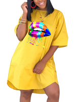 Robes T-shirt Robe dété ample en coton polyester jaune à manches longues et col bijou