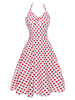 Robes Vintages 1950s Courtes Imprimés Pois avec Bretelles à Col V sans Manches avec Dos Nu Coupe Cintrée Bas Evasée Bicolores Sexy