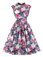 Robes Vintages 1950s Femmes Courtes Imprimés Les Fleurs à Col Rond avec Manches Courtes Coupe Cintrée Bas Evasée