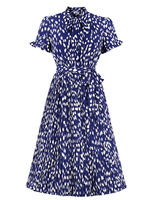Robes Vintages 1950s Femmes Courtes Imprimés Les Pois à Col Rond à Lacets avec Manches Courtes Bas Evasée