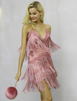 Robes Vintages charleston 1920s Robe Flapper Sexy en Paillettes avec Franges avec Bretelles Moulantes à Col V avec Dos Nu Sans Manches Coupe Cintrée