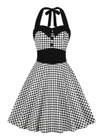 Robes Vintages Femmes 1950s Courtes à Carreaux avec Bretelle à Lacets à Col Décolleté en V Coupe Cintrée Bas Evasée Bicolores