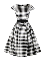 Robes Vintages Femmes 1950s Courtes Imprimés les Carreaux à Col Rond avec Manches Courtes Coupe Cintrée avec Ceinture Bicolores