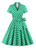Robes Vintages Femmes 1950s Courtes Imprimés Pois à Col Revers avec Manches Courtes Coupe Cintrée avec Ceinture à Lacets Bas Evasée Bicolores Robes Retros