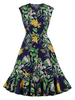 Robes Vintales 1950s Femmes Courtes Imprimés Les Fleurs à Col Rond avec Manches Courtes Fermeture avec Boutons Bas Evasée
