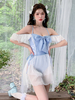 ROCOCO Style Lolita tenues bleu ciel clair à pois à lacets volants combinaison sans manches
