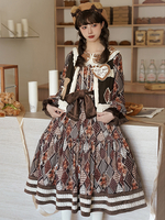 ROCOCO Style Lolita tenues café marron imprimé fleuri nœuds volants manches longues robe haut