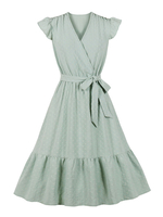 Rode de Vintage 1950s Courte Femme avec Manches Courtes à Col V Coupe Cintrée à Lacets Bas Evasée Unicolore