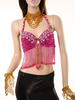 Rose rouge Halter la danse du ventre Costume Fringe Nylon Crop Top pour femmes Déguisements Halloween