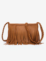 Sacs pour femmes café marron simili cuir forme horizontale bandoulière frange fermeture éclair