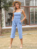 Salopette bleue bretelles col sans manches à lacets dos nu bretelles spaghetti coton large combishort dété