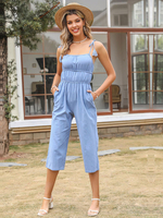 Salopette bleue bretelles col sans manches à lacets dos nu bretelles spaghetti coton large combishort dété