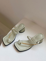 Sandales à glissière pour femme Chaînes chics Polyester Bout carré Talon bottier Pantoufles
