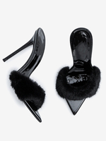 Sandales à glissière pour femmes Chic fausse fourrure Micro daim supérieur bout pointu pantoufles à talons aiguilles