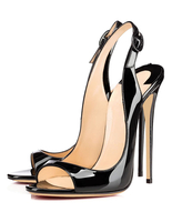 Sandales à Talon Haut Femme à Talon Haute Fin à Cuir Synthétique Vernies Noir avec Bout Ouvert Sandales à Talon Haut Femme