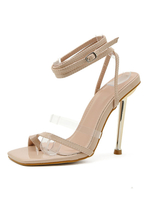 Sandales à talons abricot pour femmes; talon à pointes; bout carré; vernis; talons à bride à la cheville