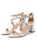 Sandales à talons Blanc Chunky Heel Bout ouvert Strass Chaînes Satin Bride à la cheville Talons