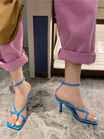 Sandales à talons bleu talon aiguille bout carré PU cuir bride à la cheville talons