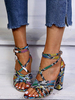 Sandales à talons bleus pour femmes talon épais bout ouvert en cuir PU Sexy bride à la cheville talons