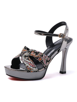 Sandales à Talons Femme avec Plateforme Verni à Lacets Unicolore avec Bout Ouvert
