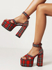 Sandales à talons femmes Chunky talon rouge motif à carreaux de canevas sandales de sangle de cheville