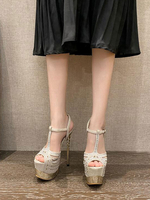 Sandales à Talons Hautes Fins de Soirées Femmes à Cuir Synthétique en Paillettes avec Tressages à Lacets avec Bout Ouvert Unicolore