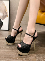 Sandales à Talons Hautes Fins de Soirées Femmes à Cuir Synthétique en Paillettes Creusants à Lacets avec Bout Ouvert Unicolore