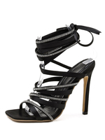 Sandales à Talons Hautes Fins Femmes à Lacets à Cuir Synthétique en Paillettes avec Bout Ouvert Bicolores Sexy