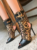 Sandales à Talons Hautes Fins Hivers Femmes Imprimés Léopard Cousu avec Noir avec Bout Ouvert à Lacets Bicolores Sexy