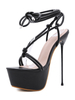 Sandales à Talons Hautes Fins Sexy Femmes avec Plateformes à Cuir Synthétique à Lacets avec Bout Ouvert Unicolore