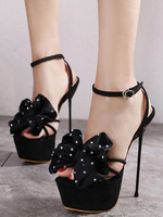 Sandales à Talons Hautes Fins Sexy Femmes avec Plateformes à Cuir Synthétique à Lacets Décors avec Noeud en Pois avec Bout Ouvert Bicolores