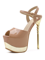 Sandales à Talons Hautes Sexy avec Plateforme Femmes à Cuir Synthétique Vernis avec Bout Ouvert à Lacets Unicolore