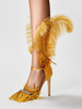 Sandales à talons hauts avec détail de plumes dorées et strass chaussures de bal de fin dannée