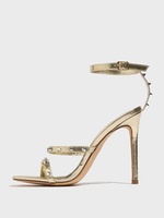 Sandales à talons hauts dorées à clous et bout ouvert chaussures de fête à talons aiguilles et lanières