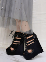 Sandales à talons hauts en cuir PU noir à bout ouvert et talon compensé
