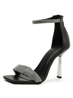 Sandales à talons hauts en cuir PU noir bout carré strass bride à la cheville chaussures de soirée chaussures de soirée