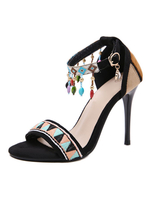 Sandales à talons hauts ethniques bout ouvert chaîne détail cheville sangle sandale chaussures pour femmes
