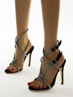 Sandales à talons hauts noirs à bout ouvert strass boucle détail sandales chaussures pour femmes